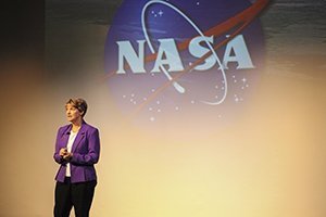 Keynote speaker Eileen Collins, the first female Space Shuttle pilot and commander, addresses a packed crowd in the Wagner Theatre on Ohio University's Lancaster campus.