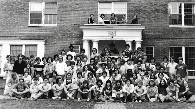 John Carey, AB ’81, is pictured with his fellow first-year Bobcats outside of Biddle Hall in 1977.