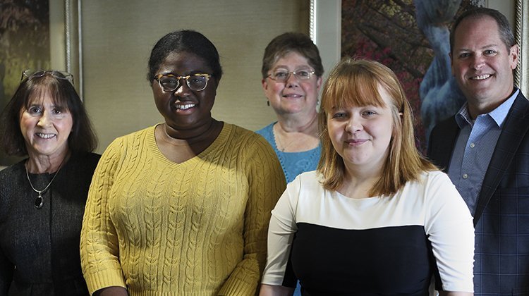 Family and friends of Isabel Courtney Hall, BFA ’46, BSED ’47, recently met with the first two recipients of the Isabel Courtney Hall Music Education Scholarship. Pictured (from left) are Chris Siegfried, Hall’s niece; Mietta Smith, a first-year OHIO student majoring in music educa-tion; Teresa Beach, a relative of Hall’s; Heather Aycock, a first-year student studying music ed-ucation; and Tim Rogers from the Charles and Isabel Hall Foundation.