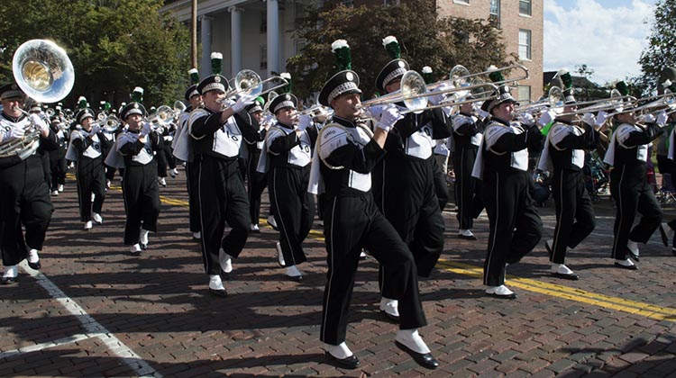 Ohio University’s Marching 110 dazzles the crowd during the 2017 Homecoming Parade. Homecoming Week 2018 kicks off Oct. 15.