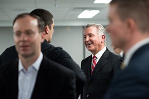 Dr. Frank Papay visits with Heritage College of Osteopathic Medicine students following a lecture he delivered Feb. 7 at the Cleveland Campus.