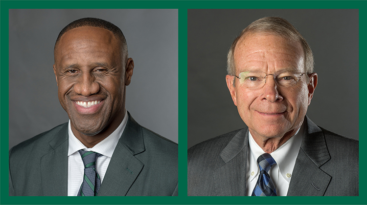 Dell Robinson, BSPE ’88, (left) and David Pidwell, BSEE ’69, MS ’70, each pursued their passions and developed their purpose while getting involved in OHIO’s classrooms and serving on its governing boards.