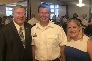 Andrew and Tanyah Stone pose for a photo with Ohio University President M. Duane Nellis during a July 2018 event at the Army War College in Pennsylvania where Andrew completed a master’s degree in strategic studies and earned the title of distinguished graduate.