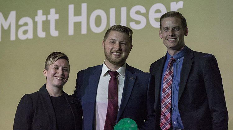 Erin Essak Kopp, assistant vice president for alumni relations and executive director of the OHIO Alumni Association, and Ryan Boyd, assistant director of external relations for the Alumni Association, pose for a photo with Ohio University’s 2019 Konneker Volunteer of the Year, Matt Houser, BSC ’08, president of the Middle Tennessee Alumni Chapter.