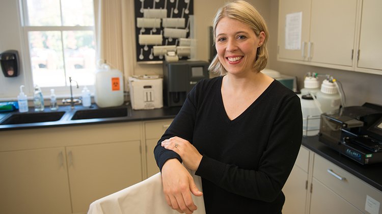Peggy Zoccola, associate professor of psychology and one of five faculty members to receive funding from the John C. Baker Fund during fall semester 2018, is pictured inside an Ohio University research lab.