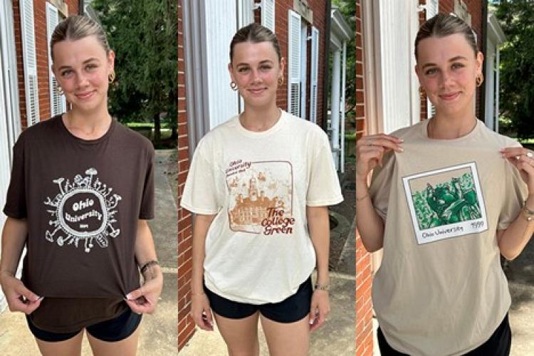 An OHIO student wears three shirts designed by OHIO students in these three image