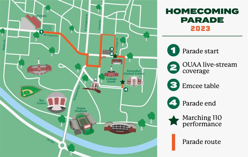 Map of 2023 Homecoming parade route as described in the paragraph above