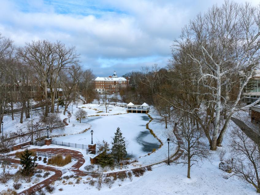 Emeriti Park and OHIO's Athens Campus are shown covered in snow