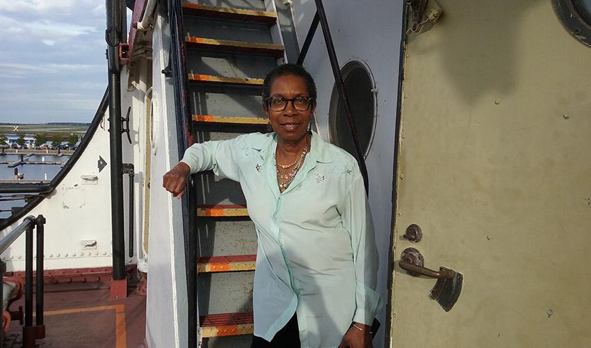 Ferne Ziglar, AB ’71, is pictured aboard the William G. Mather Steamship in Cleveland, where she has lived since graduating from Ohio University.