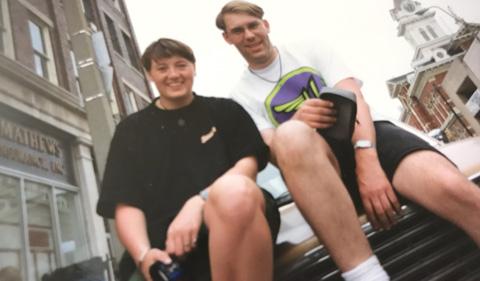 Julia Applegate on the stairs with a friend during her time at OHIO