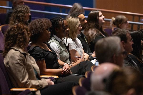 Students listen to Leah Recht give her keynote speech at the Ohio University Pre-Law Day.