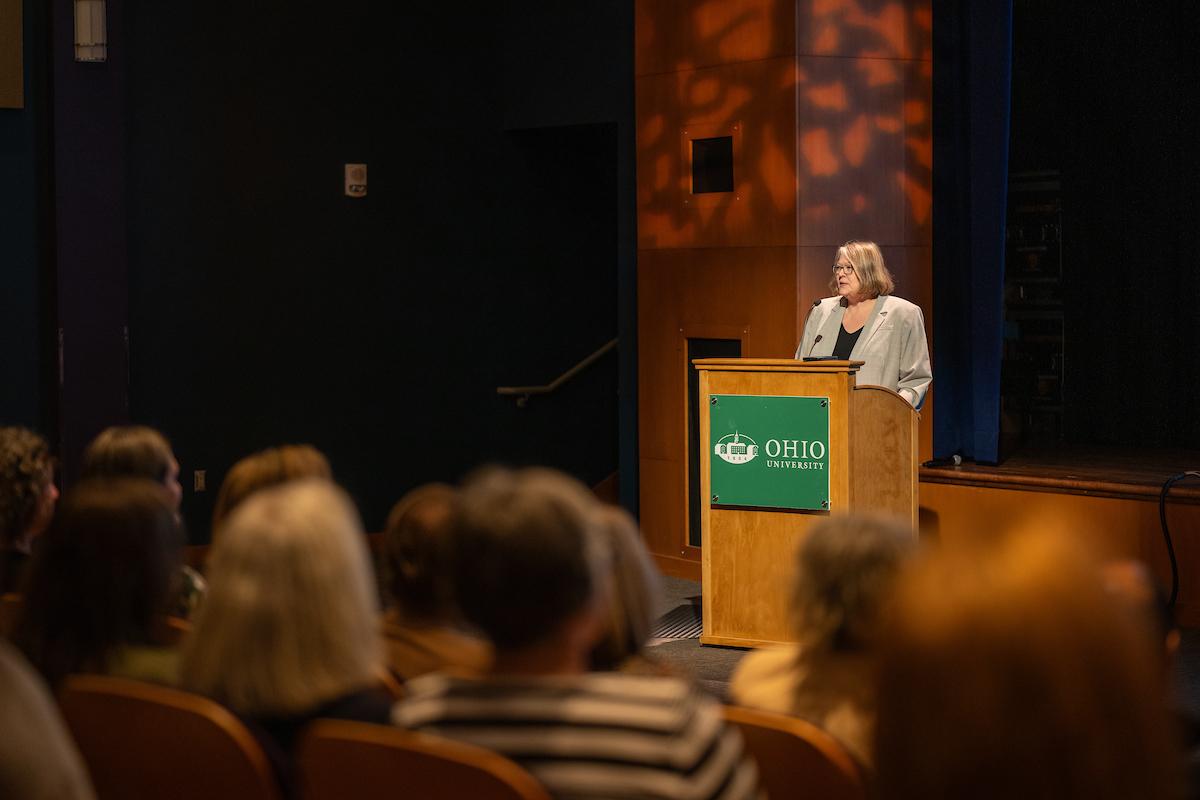 Executive VIice President and Provost Elizabeth Sayrs speaks at the University Updates event