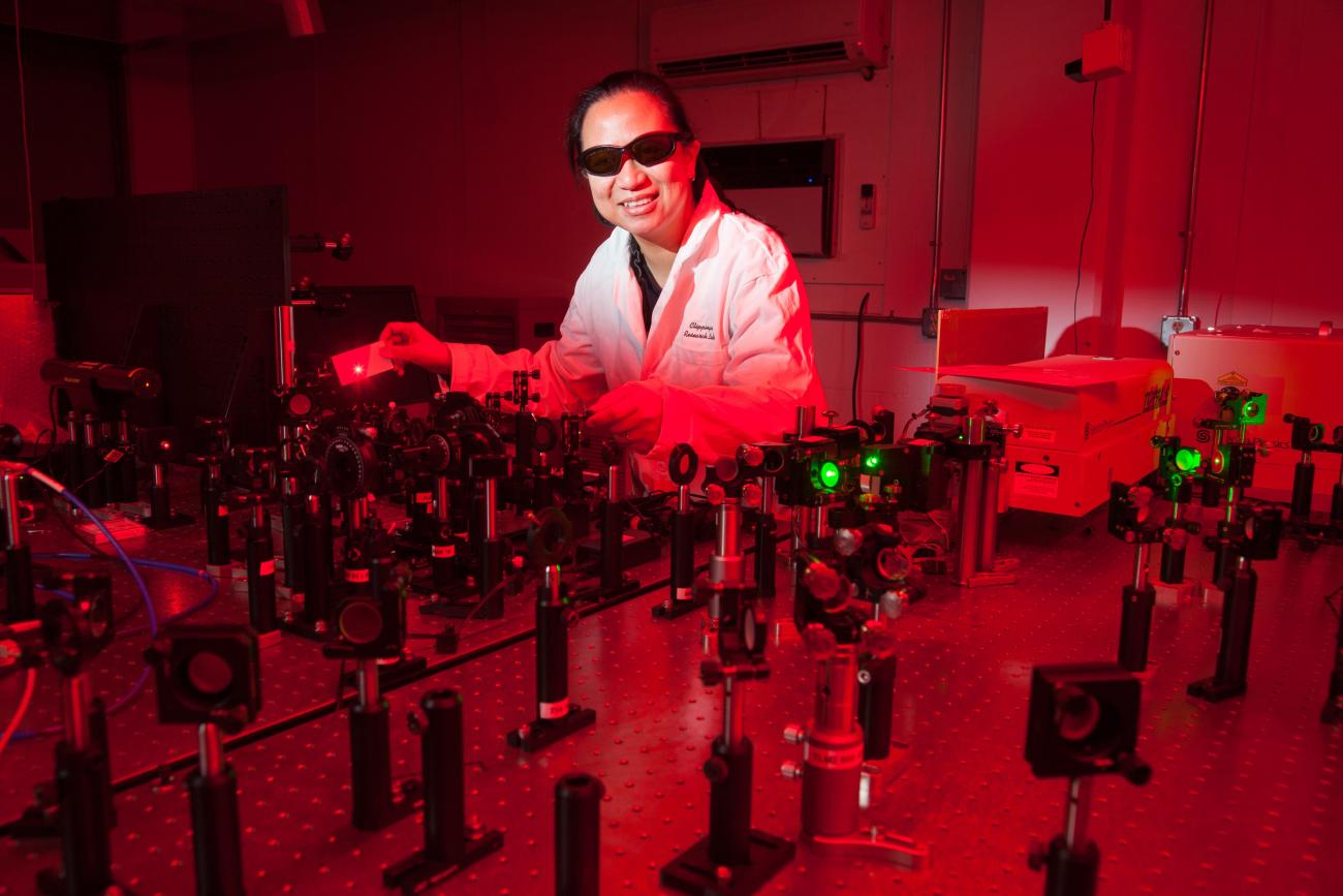 Associate Chemistry Professor Dr. Katherine Cimatu in her laboratory.