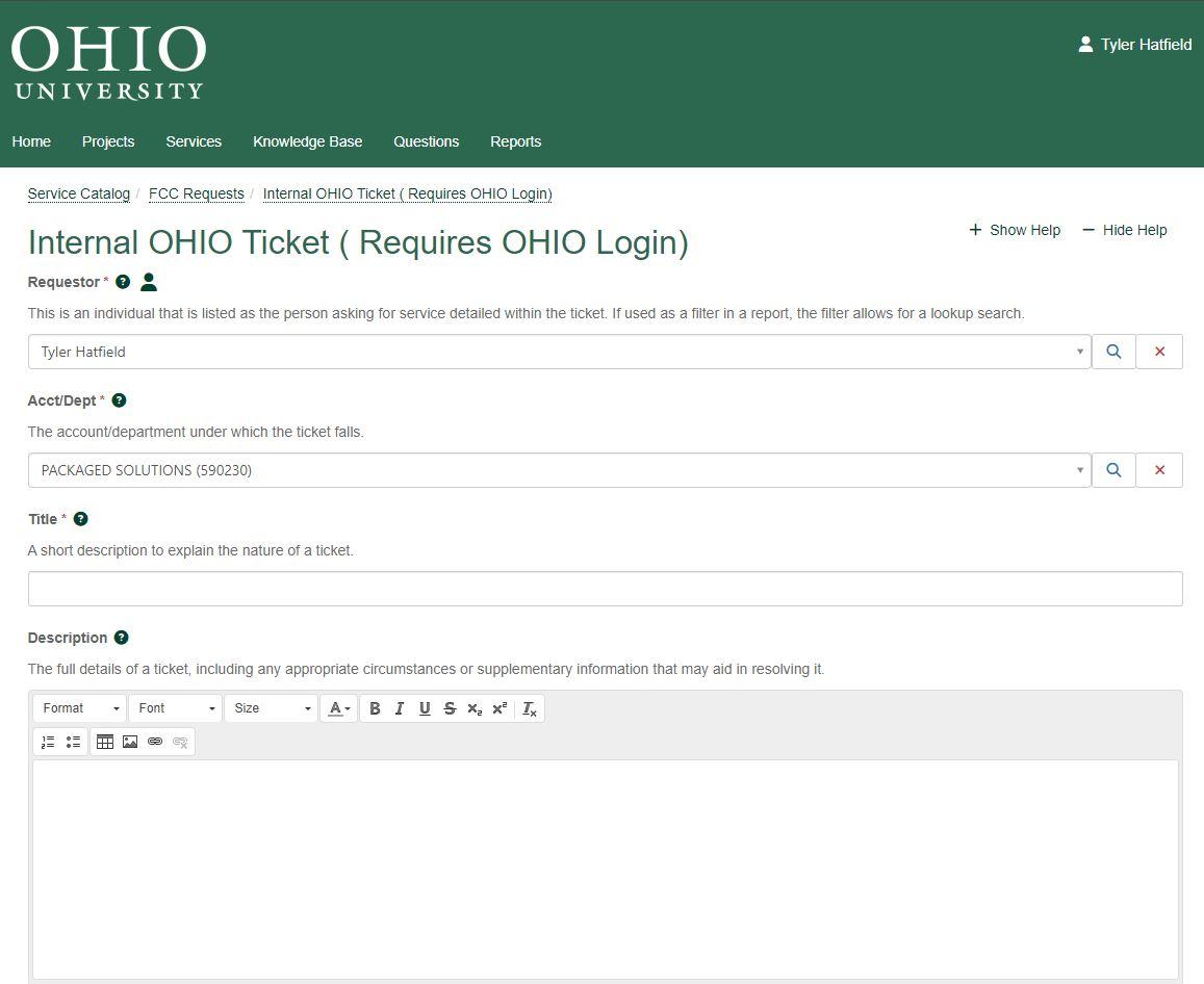 A graphic providing instructions for logging a service request with OHIO's Office of Information Technology.