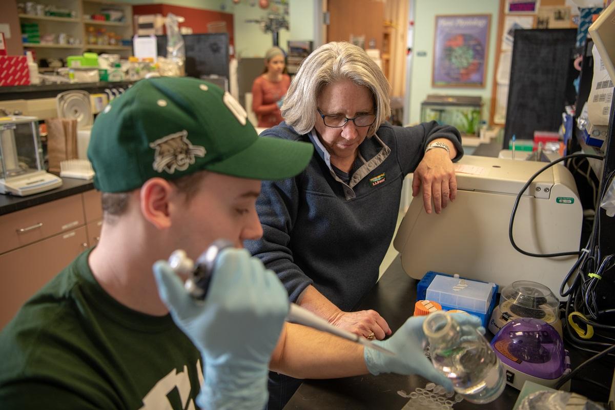 Sarah Wyatt works with a student in the laboratory