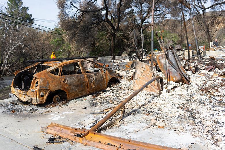 A burnt up car as a result of a 2019 wildfire near Los Angeles.