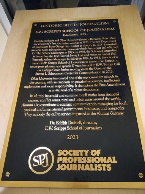 A photo of the plaque from the Society of Professional Journalists