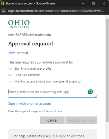 The pop-up image that shows up when application requires admin approval.