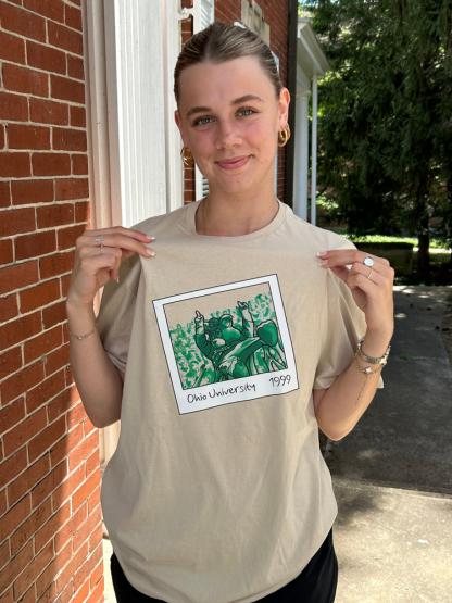 An OHIO student wears the shirt designed by Grace Marquis