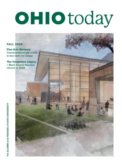 the fall 2024 cover of Ohio Today magazine featuring a rendering of the new Patton Center for Arts Education