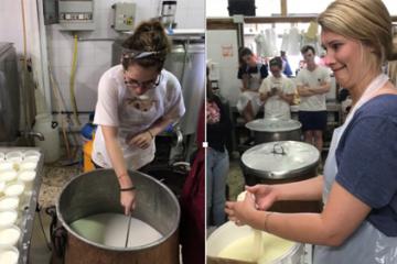 Paige Kirby carefully ladles the ricotta into the cups. Emma Kokaska shapes a mozzarella ball.