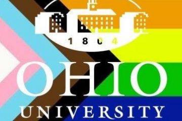 OHIO University logo over LGBT pride flag colors