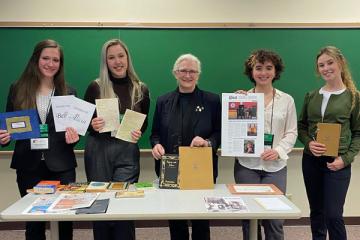 A student panel on Fictocrítica at the 2022 Ohio Latin Americanist Conference. From left, Isabelle Leimkuhler, Jordan Horstman, Dr. Betsy Partyka, Abby Neff, and Kylie King.