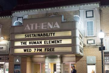 Athena Cinema at night. 