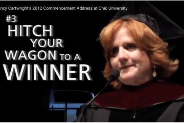 Screenshot of Nancy Cartwright's commencement speech at Ohio University, with the text "Hitch your Wagon to a Winner"