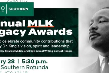 Image of Dr. Martin Luther King Jr. and information about the upcoming Annual MLK Legacy Awards taking place Jan. 28 at 5:30 p.m. in Riffe Rotunda