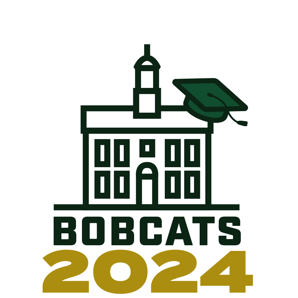 Cutler Hall with a spinning graduation cap over text that reads "Bobcats 2024"