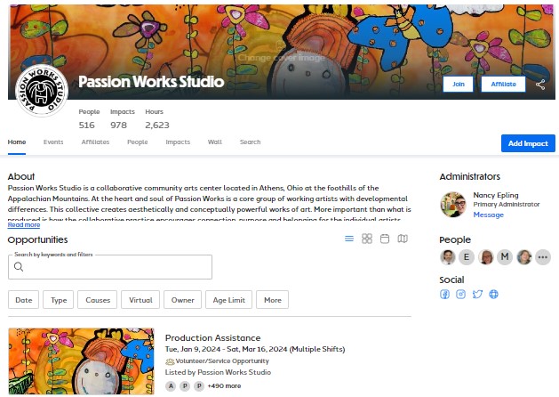 Passion Works Studio's GivePulse Homepage