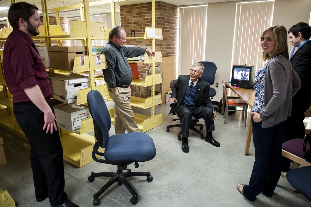 Reviewing archival content from the Voinovich Collections which is housed at the University Library.