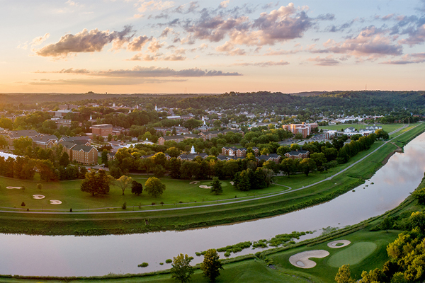 The Hocking River bends around the campus