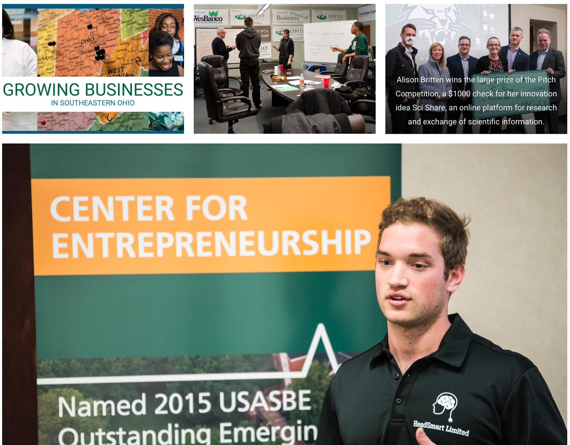 Man speaking in front of Center for Entrepreneurship poster