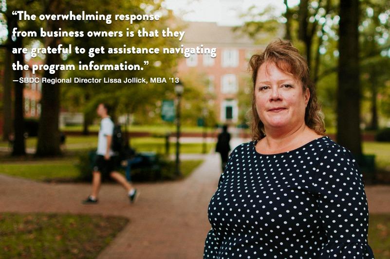 Photo of SBDC regional director Lissa Jollick on college green. There is a quote on the photo that says, 