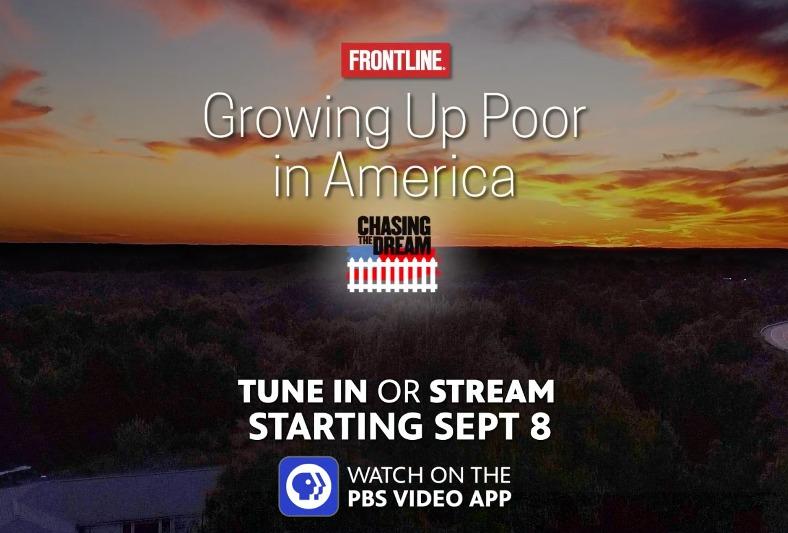Title text from the PBS documentary "Growing Up Poor in America." The text is in front of an orange sunset.